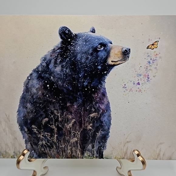 4x6 Horizontal Black Bear with Butterfly Watercolor‎ Oil Painting Print - Picture 2 of 4